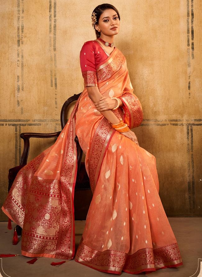 Tissue Silk Peach Traditional Wear Weaving Saree